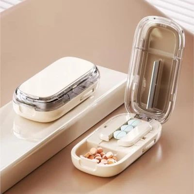 Afbeelding van NEERIX Tablettenverdeler voor meerdere pillen, draagbare pillensnijder, tabletverdeler grote en kleine tabletten, medicijnverdeler met opbergvak