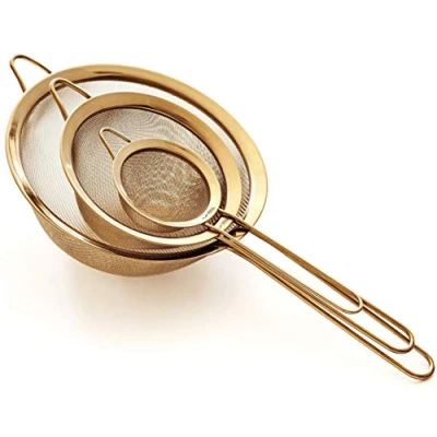 Afbeelding van Proto Future Zeef Set Premium Fijnmazig 304 Roestvrij Staal (18/8) 8.5/14/20 cm Stevige Keukenzeven en Zeefjes (Goud)