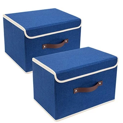 Afbeelding van TYEERS Opvouwbare Opbergdoos met Deksel, Stof, Afwasbaar, Opbergbak 38x25x25 cm, Set van 2, Klassiek Blauw