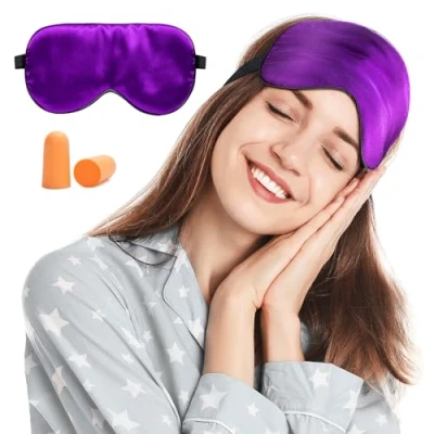 Afbeelding van Viedouce slaapmasker, zijde oogmasker, 100% huidvriendelijk, vrouwen en heren, aangenaam slaapmasker met reistas, ideaal voor thuis op reis (Purper 1 pack)
