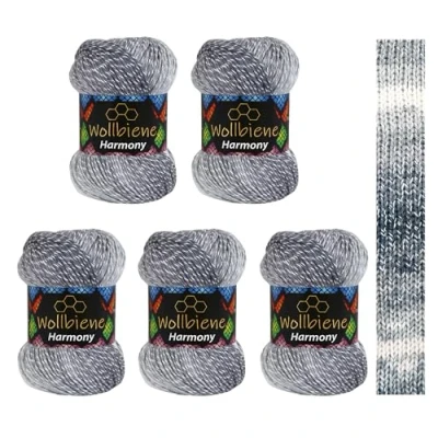 Afbeelding van Wollbiene Harmony Batik Breiwol, 5 x 100 g, 500 gram met kleurverloop, 30% katoen, meerkleurig, kleur: 8090 donkergrijs grijs wit