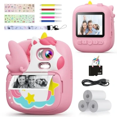 Afbeelding van CAMCLID Instant Print kindercamera, 2,4 inch Camera voor kinderen met 32G kaart en fotopapier, 1080P HD video peutercamera, kerstverjaardagscadeaus jongens meisjes van 3 12 (roze)