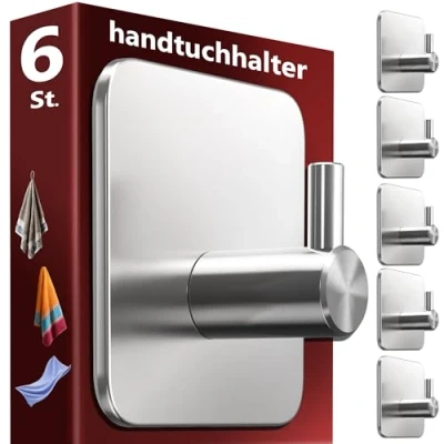 Afbeelding van Menz Handdoekhouder zonder boren, 6 stuks roestvrijstalen kleefhaken extra sterk, roestvrij, ideaal als handdoekhaak voor badkamer en keuken premium haak zelfklevend incl. kleefpads
