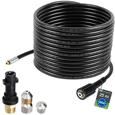 Afbeelding van McFilter Buisreinigingsslang, 25 m, 160 200 bar, incl. adapter, stijf + roterend, compatibel met Kärcher K2, K3, K4, K5, K6, K7 hogedrukreiniger