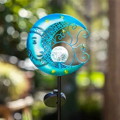 Afbeelding van Gadgy Solar Tuinverlichting Maan met Tuinsteker Buitenlamp Tuinbeeld op Zonneenergie Lamp Tuin, Terras &amp; Balkon Tuinfakkels Zonne Energie Tuinlamp Led Buiten Blauw