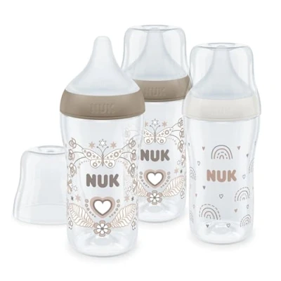 Afbeelding van NUK Perfect Match set van 3 flessen met temperatuur Control 260 ml vanaf maanden in wit en beige