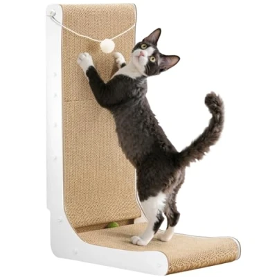 Afbeelding van Gimars L vormige 68cm Krabpaal voor Katten, Krabkarton Katten met Pluche &amp; Catnip Ballen, Kattenkrabbord, Grote Kattenkrabplank aan de Muur, Speelgoed Bescherming van Meubels