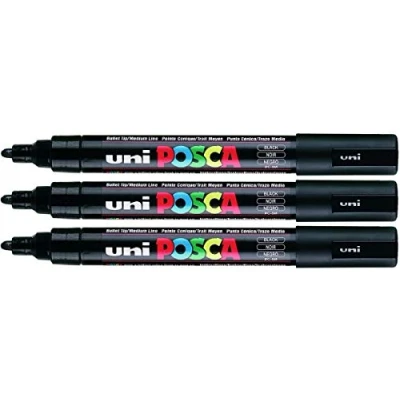 Afbeelding van Uni Posca PC 5M zwarte kleur verf marker pennen 2.5mm medium kogel tip penpunt schrijft op elk oppervlak glas metaal hout kunststof stof (Pack van 3)