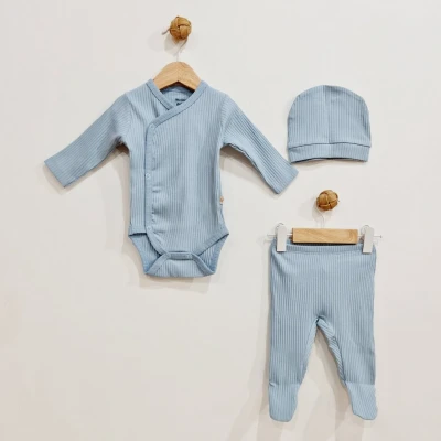 Afbeelding van Newborn baby set 3 delig ribbed Blauw 6M