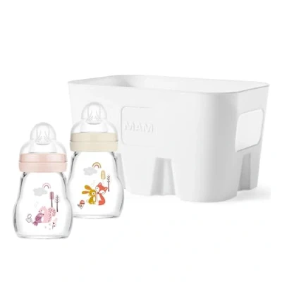 Afbeelding van MAM Feel Good Combi set, 2x babyfles van glas (170 ml), eerste uitrusting baby met speen maat 1 en flessenmand, gift vanaf de geboorte, eekhoorn/vos