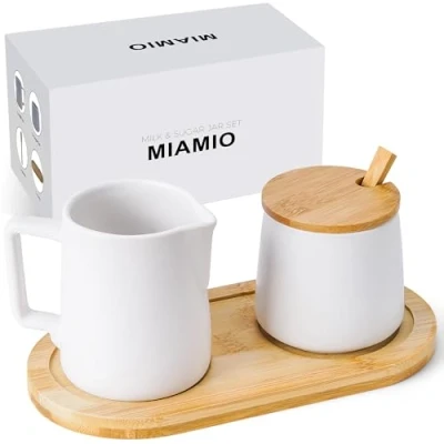 Afbeelding van MIAMIO Serveerset met suiker en room deksel lepel/keramische koffiebar accessoires magnetron vaatwasmachinebestendig (wit)
