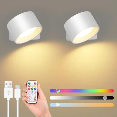 Afbeelding van GuKKK RGB wandlamp voor binnen, 2 stuks, led wandlampen 360 graden draaibaar, met USB poort, touch bediening, 16 helderheidsniveaus, 3 temperaturen (wit)