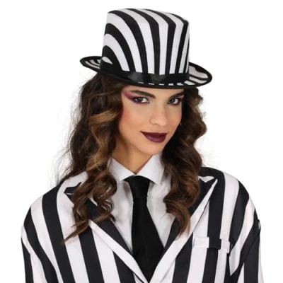 Afbeelding van FIESTAS GUIRCA Hoed met zwarte en witte strepen (één maat), kostuumhoed voor Halloween 19e eeuwse feesten, uniseks accessoire volwassenen, wit zwart
