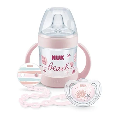 Afbeelding van NUK Nature Sense Beach Set, 1 x drinkfles, Freestyle siliconen fopspeen, fopspeenketting, 6 18 maanden (set roze)