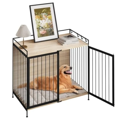 Afbeelding van EUGAD Hondenbox voor thuis, hondenkooi met deur, hondenhuisje, hondenhok binnen, grote, middelgrote en kleine honden, 104 x 92 60 cm, bijzettafel, licht eiken zwart, 0352GL