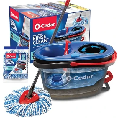 Afbeelding van O Cedar RinseClean Spin Mop &amp; Bucket System + 1 extra dweilkop, reinigen met schoon water, verwijdert 99% van de bacteriën