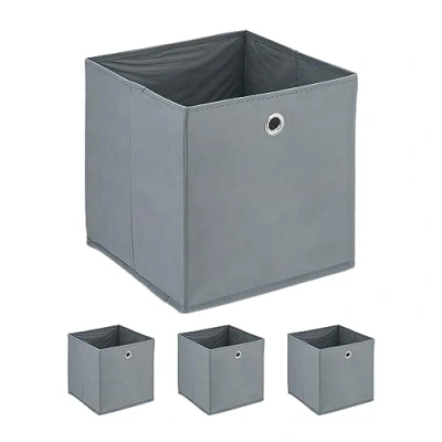 Afbeelding van Relaxdays opbergmand set van 4 opbergbox met oogje stoffen mand opvouwbaar grijs