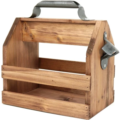 Afbeelding van flessenhouder van hout met metalen flesopener en handvat, 6 dragers, voor flessen à 0,33 l (zonder opschrift)