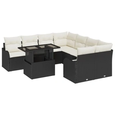 Afbeelding van vidaXL 9 delige Tuin Sofa Set met Kussens Zwart Poly Rattan, 2 Zits Rattan