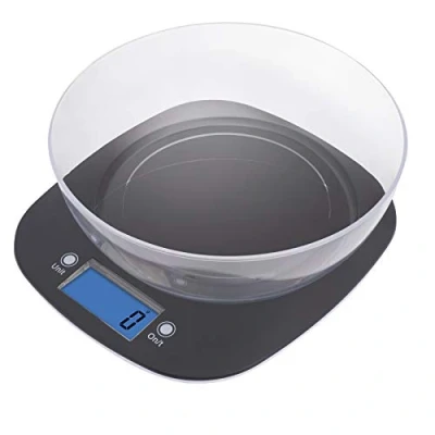 Afbeelding van EMOS keukenweegschaal met schaal/digitale weegschaal verlicht LCD display/tara functie/voedselschaal/elektronische weegschaal/precisie tot 1 g/draagkracht 5 kg, zwart, 22,3 x 19,8 2 cm