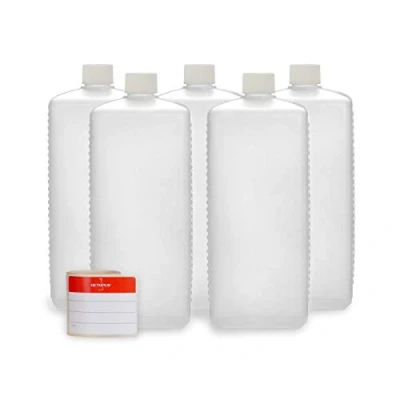 Afbeelding van Octopus 5 x 1000 ml plastic flessen, HDPE flessen met witte schroefsluitingen, lege schroefdeksels, vierkante incl. beschrijfbare etiketten