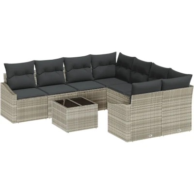 Afbeelding van vidaXL 9 delige Tuin Eetset met Kussens Lichtgrijs Poly Rattan