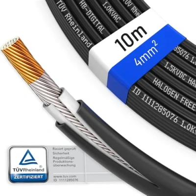 Afbeelding van hb digital 10m zonnekabel 4mm² H1Z2Z2 K TÜV Rheinland gecertificeerd UV bestendig flexibel PW kabel puur koper 1500V verlengkabel fotovoltaïsche voor zonnepaneel omvormer laadregelaar zwart