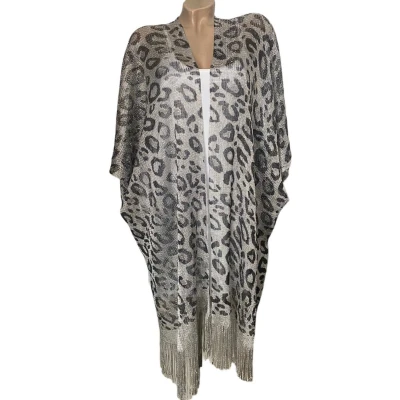 Afbeelding van Kaftan Vest Omslagsjaal glanzend met dierenprint One size zilvergrijs/zwart