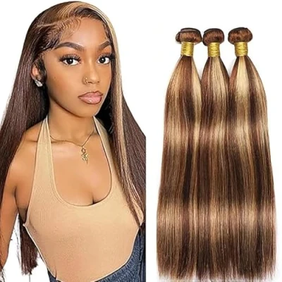 Afbeelding van Tuheers Extensions Human Hair Bundles Straight Double Weft 3 100g/PC 300g Total Braziliaans haar P427 Highlight Blonde 26 Inches