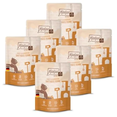 Afbeelding van MjAMjAM premium natvoer voor katten Quetschie puur vleesgenot sappige kip puur, pak van 6 (6 x 300 g), graanvrij met extra vlees