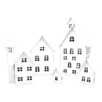 Afbeelding van UNUS Decoratieve huizen set van 5, metalen lichthuisjes voor tuin, terras, balkon of thuis (wit)