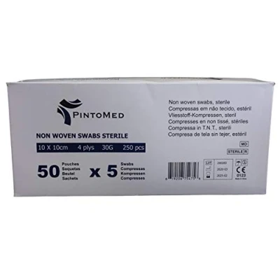 Afbeelding van PintoMed Compressen vliesstof, wondcompressie, absorberend, steriel, 4 laags, 10 cm x cm, wit, totaal: 250 stuks 50 zakken 5 kompressen