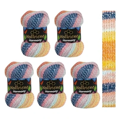 Afbeelding van Wollbiene Harmony Batik, 5 x 100 g, 500 gram met kleurverloop, 30% katoen, meerkleurig, breiwol, wol, wol voor het hele jaar (8010 blauw, oranje, geel, mint)