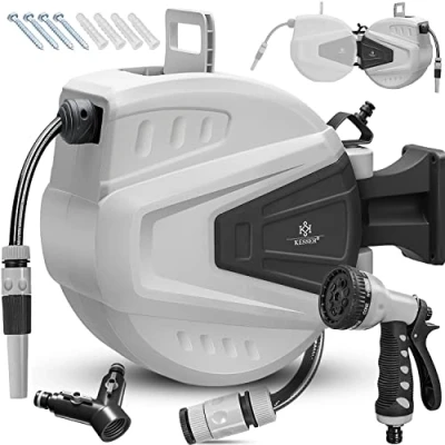 Afbeelding van KESSER® slanghaspel water 30 + 2 m incl. weg verdeler multi handdouche waterslanghaspel automatisch 180 draaibaar wandhouder tuinslang grijs