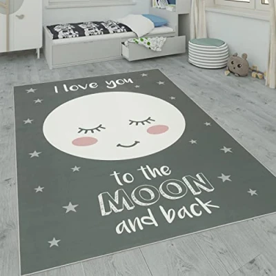 Afbeelding van Kindervloerkleed, Kindertijd Met Ster, Maan En Ruitmotieven, Maat:80x150 cm, Kleur:Grijs 2