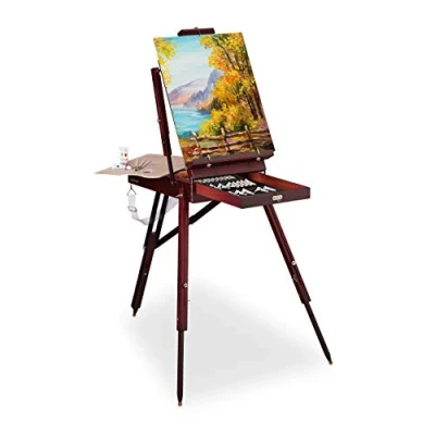 Afbeelding van Relaxdays veldezel hout, 35 delig, tekendoos, incl. penselen set, mengpalet, canvas, water , olie en acrylverf, bruin