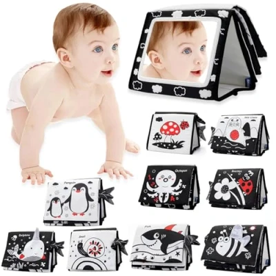 Afbeelding van HaploS Babyspiegel speelgoed met knisperboek, opvouwbaar zwart wit contrast babyboek, 0 6 maanden buikligging, met, educatief voor pasgeborenen baby cadeau