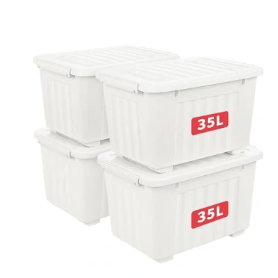 Afbeelding van Cetomo 35L x 4 plastic opbergdoos, wit, draagtas, organiserende container met duurzaam deksel en veilige sluitgespen, stapelbaar nestbaar, stuks, gesp