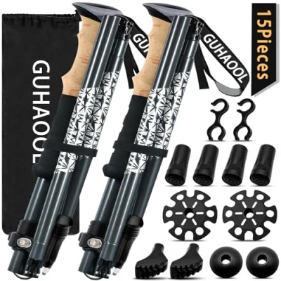Afbeelding van GUHAOOL wandelstokken, trekkingstokken, telescopische wandelstokken carbon &amp; aluminium met kurken handvat, verstelbaar 108 139cm en klemsluiting 5 paar rubberen buffers voor trekking