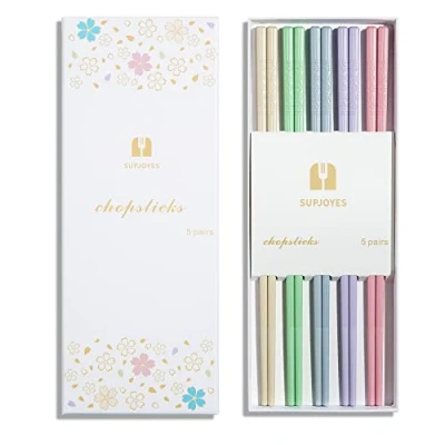 Afbeelding van SUPJOYES 5 paar glasvezel eetstokjes, kleurrijke herbruikbare Japanse vaatwasmachinebestendig, 24 cm, kersenbloesempatroon, antislip eetstokjes