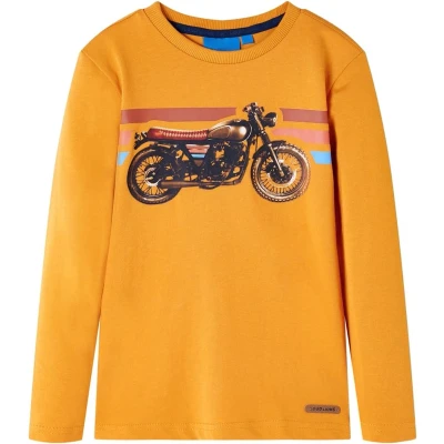 Afbeelding van Kindershirt met lange mouwen motorprint 128 okerkleurig