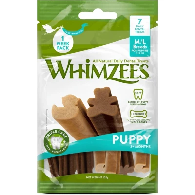 Afbeelding van Whimzees Puppy, natuurlijke graanvrije tandverzorgingssnacks voor puppy&#039;s, kauwstokken honden, M/L, 7 stuks, groenten, 105 g