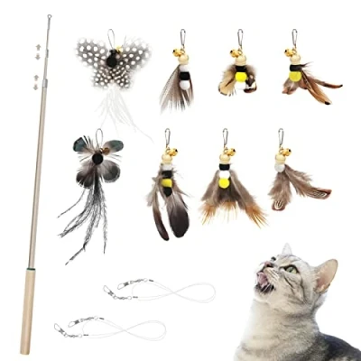 Afbeelding van SONGWAY Kattenveer stokspeelgoed 9 stuks insectenvormige kattenveren speelgoedset, 1 intrekbare kattentoverstaf en 8 veren vullingen met belletjes, interactief kattenspeelgoed voor indoor kat kitten
