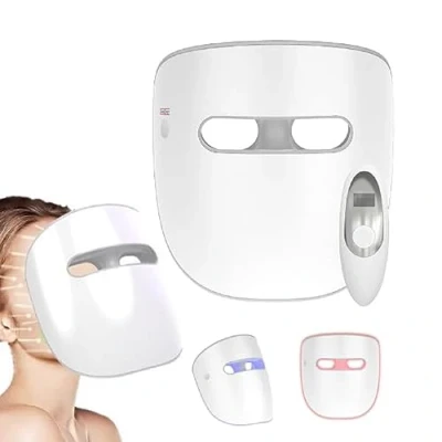 Afbeelding van TensCare LED masker gezicht rood, blauw en NIR licht voor anti aging, reductie van rimpels acnebehandeling. Draadloos draagbaar.