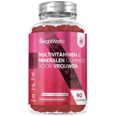 Afbeelding van WeightWorld Multivitaminen Vrouw 90 vegan gummies 10 belangrijke vitaminen en mineralen Met Q10, Teunisbloemolie Hyaluronzuur