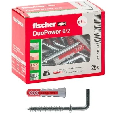 Afbeelding van Fischer 25 Duopower pluggen met middelhoge haak, grijs/rood, 6 x 30 mm, universeel voor muur, geperforeerde baksteen, gipsplaat, 541744