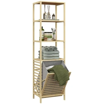 Afbeelding van HOMCOM badkamerrek met wasmand, 3 niveaus, uittrekbare stoffen mand, badkamerkast kantelbeveiliging voor woonkamer, badkamer, bamboe, 44 x 33 160 cm