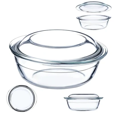Afbeelding van KADAX Ovenschaal van hittebestendig glas, vuurvast glazen braadpan met deksel en handgrepen, servies om te braden, oven, elektrisch fornuis, voor lasagne, vlees, transparant (rond, 2,2 liter)