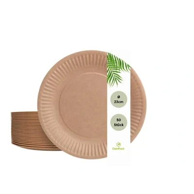 Afbeelding van DeinPack Wegwerpborden, 23 cm, Ø 50 stuks, papieren borden, bruin, rond, recyclebaar feestservies, milieuvriendelijke biologisch afbreekbaar