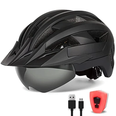 Afbeelding van FUNWICT Fietshelm met Vizier voor Heren Dames, Lichtgewicht Magnetische Bril en USB LED Achterlicht, Stijlvolle MTB Mountainbike Helm, Wit Zwart, Maat M/L/XL (L: 57 61 cm, Zwart)
